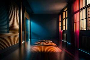 un oscuro pasillo con un ligero brillante mediante el ventana. generado por ai foto