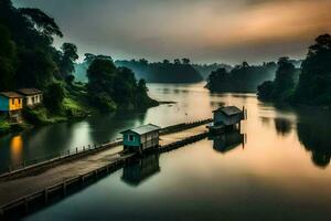 a boat dock in the middle of a lake. AI-Generated photo