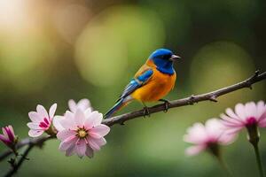 a blue and orange bird sits on a branch with pink flowers. AI-Generated photo