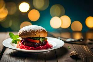 a hamburger with vegetables on a plate. AI-Generated photo