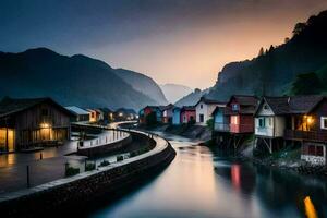 photo wallpaper the sky, mountains, water, houses, river, the village, the river,. AI-Generated