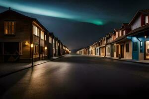 a street with houses and an aurora light. AI-Generated photo