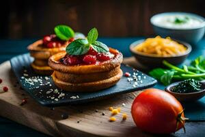 food on a plate with tomatoes, cheese and herbs. AI-Generated photo