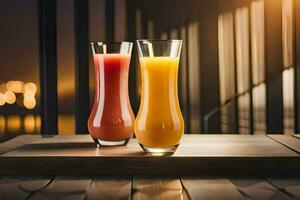 two glasses of orange juice on a wooden table. AI-Generated photo