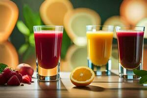 three glasses of juice with fruit and berries. AI-Generated photo