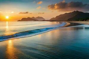the sun sets over a beach and mountains. AI-Generated photo