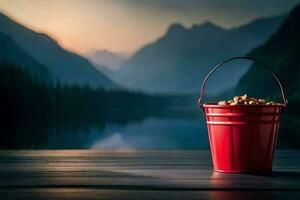 a red bucket with peanuts on a wooden table in front of a lake. AI-Generated photo