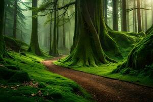 a path through a green forest with trees and moss. AI-Generated photo