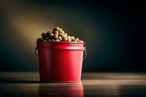 a red bucket filled with peanuts on a wooden table. AI-Generated photo