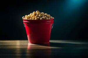 a red bucket filled with peanuts on a table. AI-Generated photo