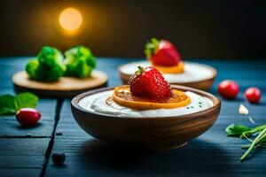 yogurt with fruit and vegetables on a wooden table. AI-Generated photo