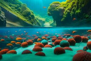 a large underwater scene with fish and algae. AI-Generated photo