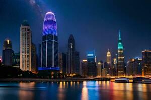 el ciudad horizonte a noche con el lechoso en el cielo. generado por ai foto