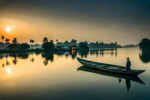 un hombre en un barco en el agua a amanecer. generado por ai foto