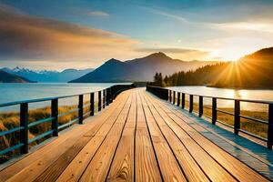 a wooden bridge over a lake with mountains in the background. AI-Generated photo