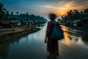 a woman walks along a river in front of a village. AI-Generated photo