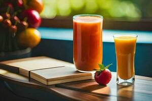 two glasses of juice and a strawberry on a table. AI-Generated photo