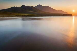 the sun rises over a mountain range and a beach. AI-Generated photo