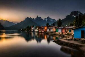 un lago y casas en el montañas a puesta de sol. generado por ai foto