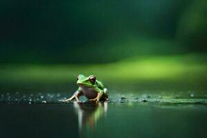 a frog sitting on the ground in the water. AI-Generated photo