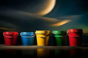 five buckets of paint against a dark sky. AI-Generated photo