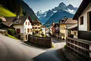 a street in the alps with mountains in the background. AI-Generated photo