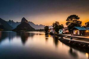 un lago y montaña rango a puesta de sol. generado por ai foto