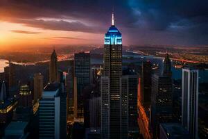 the empire state building is lit up in blue at sunset. AI-Generated photo