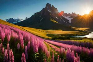 the sun rises over the mountains and the lupine flowers. AI-Generated photo