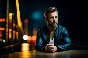 un hombre con un barba y cuero chaqueta sentado en un mesa a noche. generado por ai foto