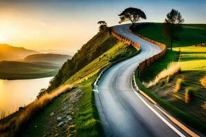 un devanado la carretera con un lago y montañas en el antecedentes. generado por ai foto