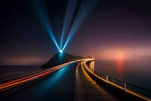 un largo exposición foto de un puente con luces. generado por ai