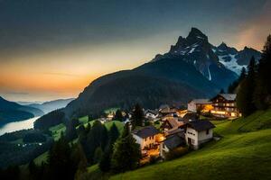 el pueblo de alpino pueblo en el Alpes a puesta de sol. generado por ai foto