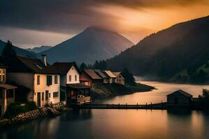 photo wallpaper the sky, mountains, lake, house, the mountains, the lake, the mountains. AI-Generated