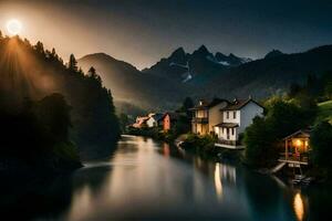 photo wallpaper the sky, mountains, river, house, lake, mountains, river, house,. AI-Generated