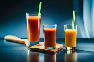 Tres lentes de jugo con pajitas en un mesa. generado por ai foto