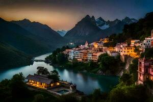 a village sits on the edge of a river at dusk. AI-Generated photo