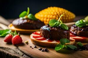 three small cakes with chocolate and strawberries. AI-Generated photo