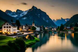 photo wallpaper mountains, the city, river, switzerland, the alps, the alps. AI-Generated