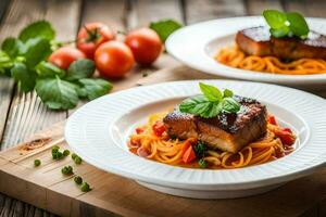 two plates with spaghetti and meat on a wooden cutting board. AI-Generated photo