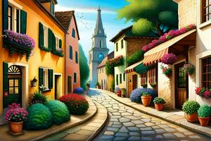 a painting of a street with flowers and buildings. AI-Generated photo