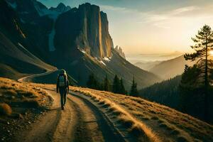 a man walks on a road in the mountains. AI-Generated photo