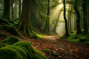 un camino mediante un verde bosque con cubierto de musgo arboles generado por ai foto