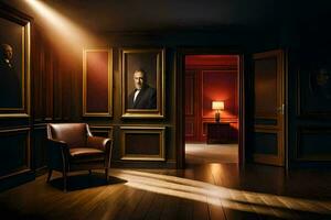 the dark room with a chair and a portrait of a man. AI-Generated photo