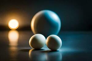 two eggs are sitting on a table with a light behind them. AI-Generated photo