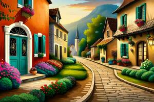 a painting of a street in the village. AI-Generated photo