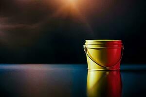 a yellow and red bucket sitting on a table. AI-Generated photo