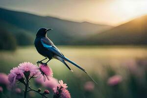 un pájaro se sienta en un flor en frente de un puesta de sol. generado por ai foto