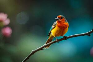 un vistoso pájaro se sienta en un rama. generado por ai foto