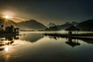 the sun rises over a lake and mountain range. AI-Generated photo